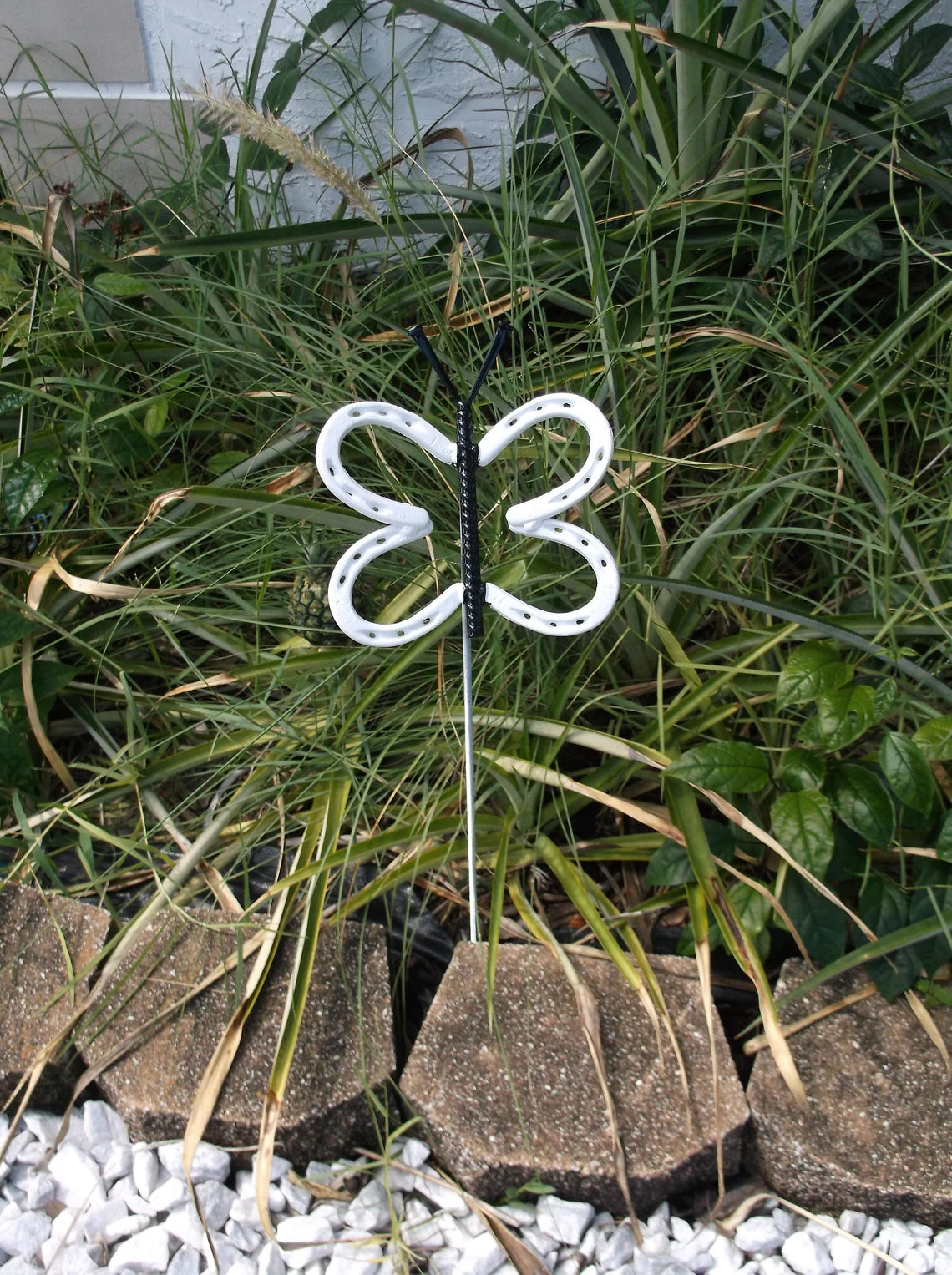 White Horseshoe Butterfly Garden Stake, Welded Metal Yard Art