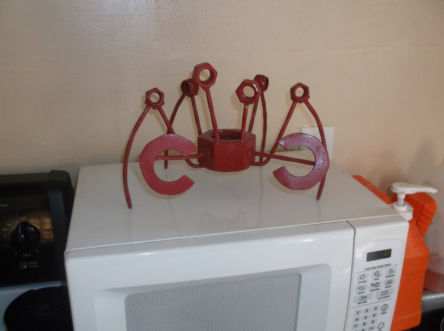 Red Metal Crab Sculpture, large up cycled welded art