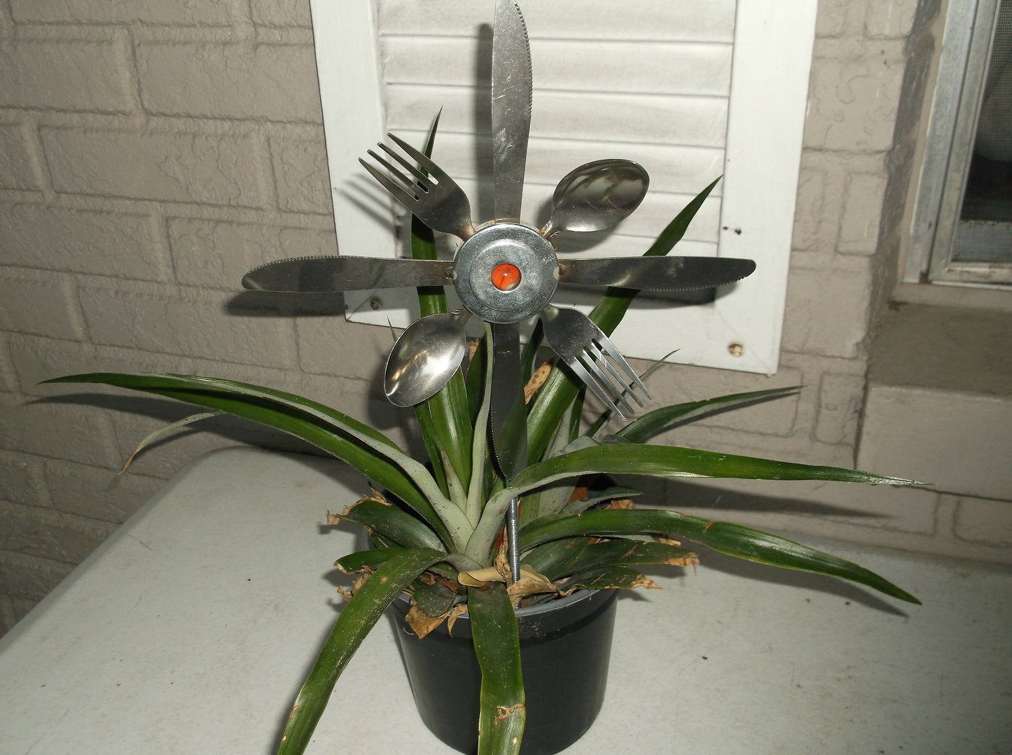 Blue Silverware Sunflower, Garden Art, metal yard stake