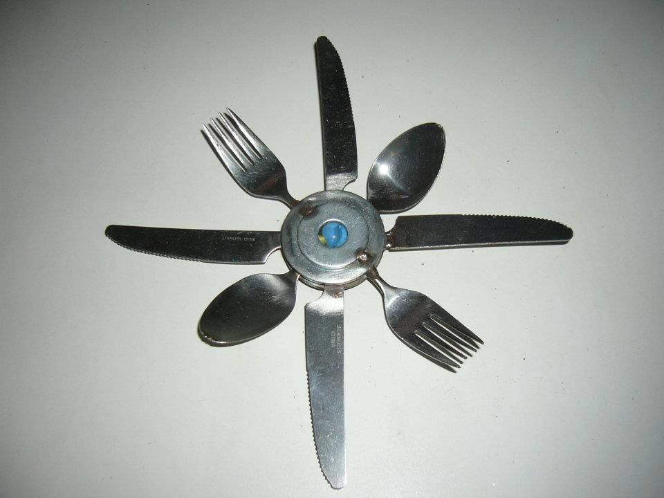 Blue Silverware Sunflower, Garden Art, metal yard stake