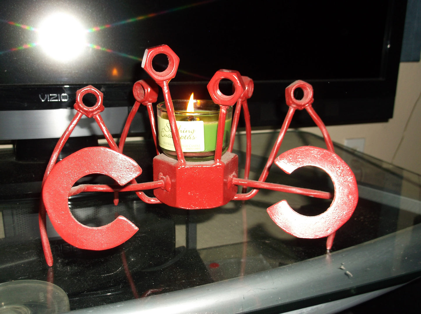 Red Metal Crab Sculpture, large up cycled welded art