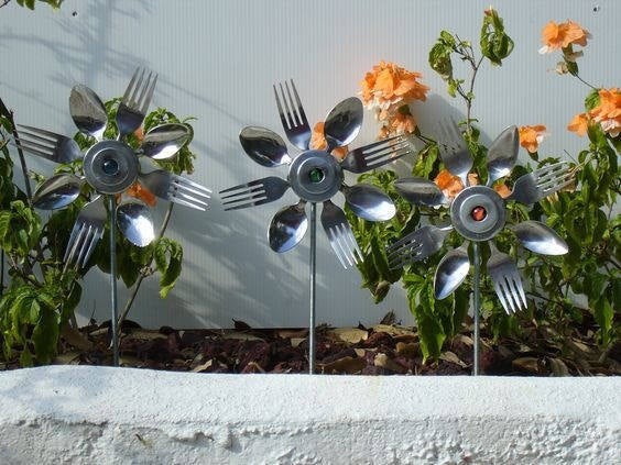 Blue Spoon and Fork Sunflower, Garden Art, Yard Art