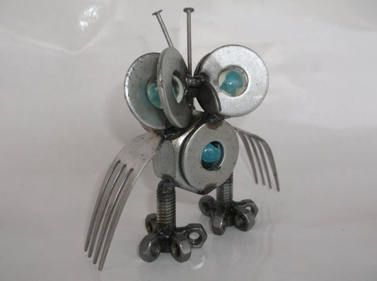 Blue Owl, Metal Sculpture up cycled magnet art