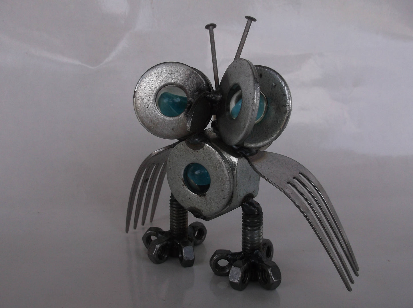 Blue Owl, Metal Sculpture up cycled magnet art