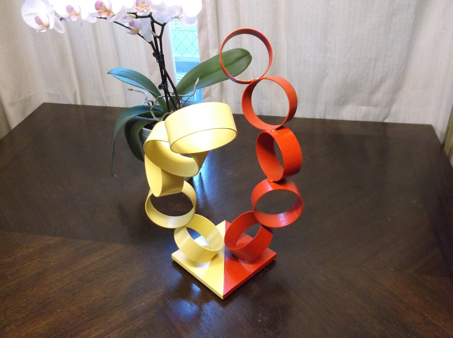Twisted Metal Rings, Abstract Sculpture, Red & Yellow Modern Welded Art
