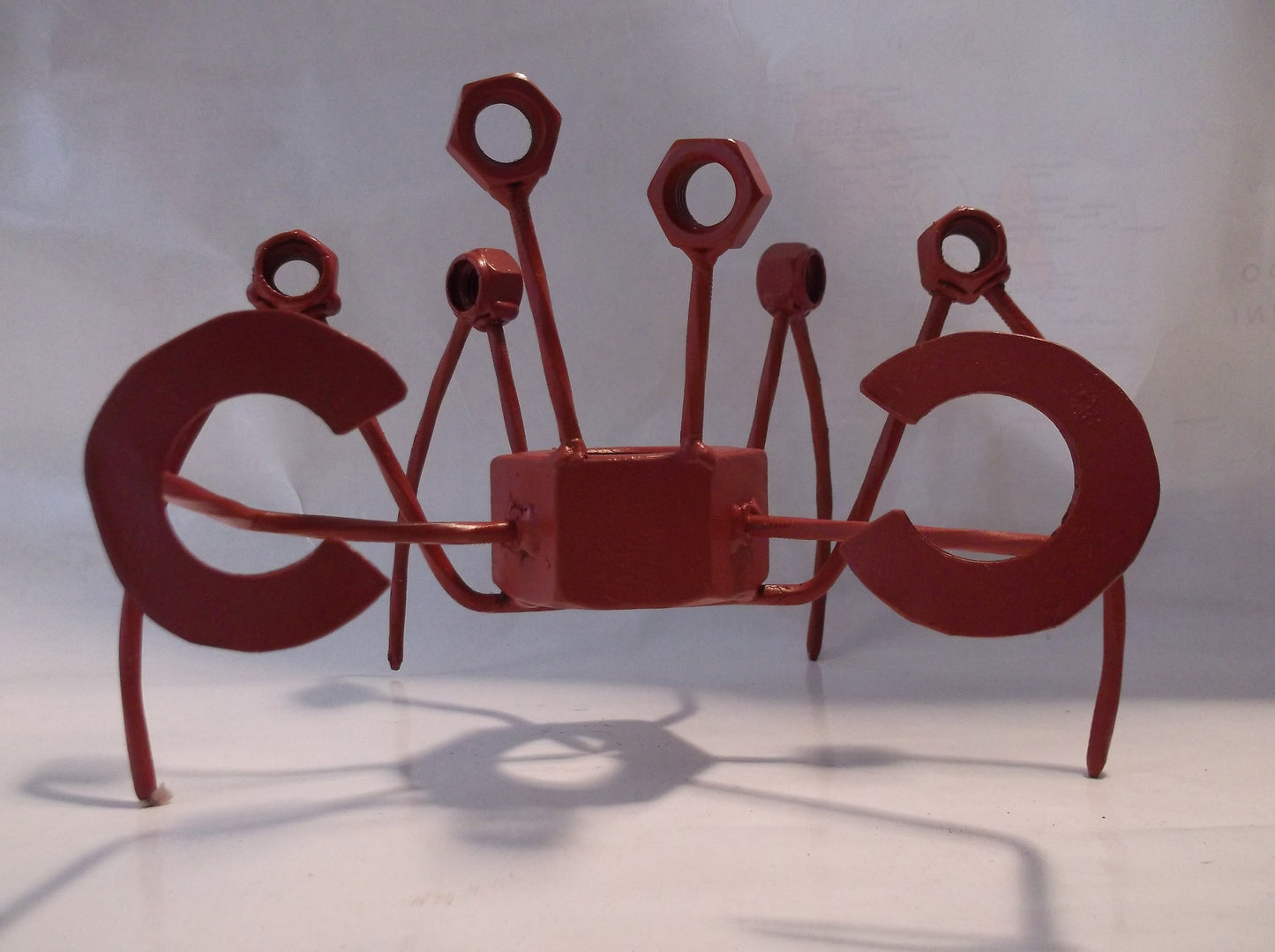 Red Metal Crab Sculpture, large up cycled welded art