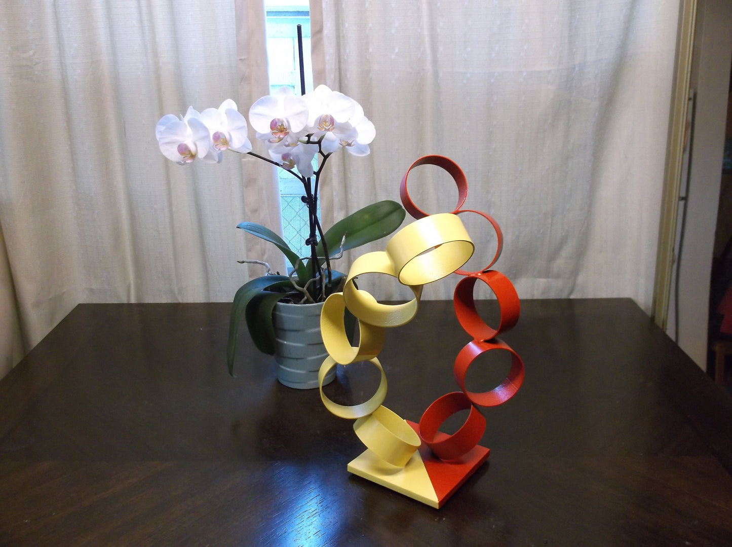 Twisted Metal Rings, Abstract Sculpture, Red & Yellow Modern Welded Art