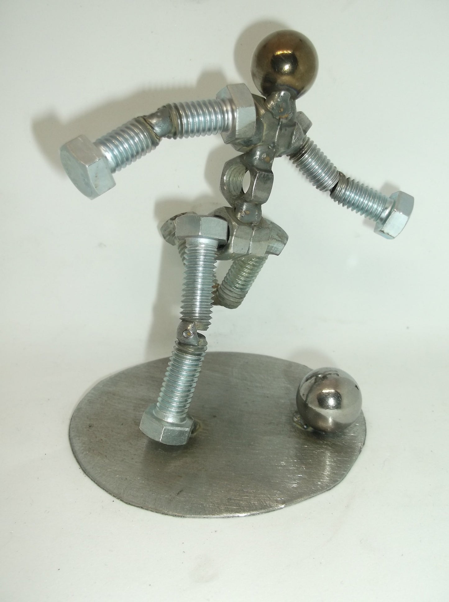 Soccer Player Metal Bolt Figurine, Kick shot athlete, Upcycled Metal Art