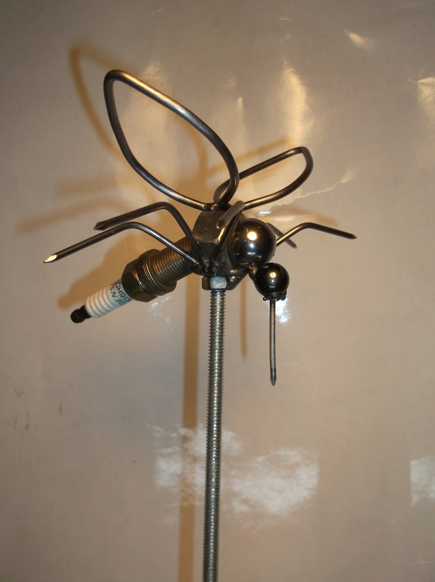 Mosquito Spark Plug Garden Stake, Metal Sculpture Insect, Up cycled yard Art