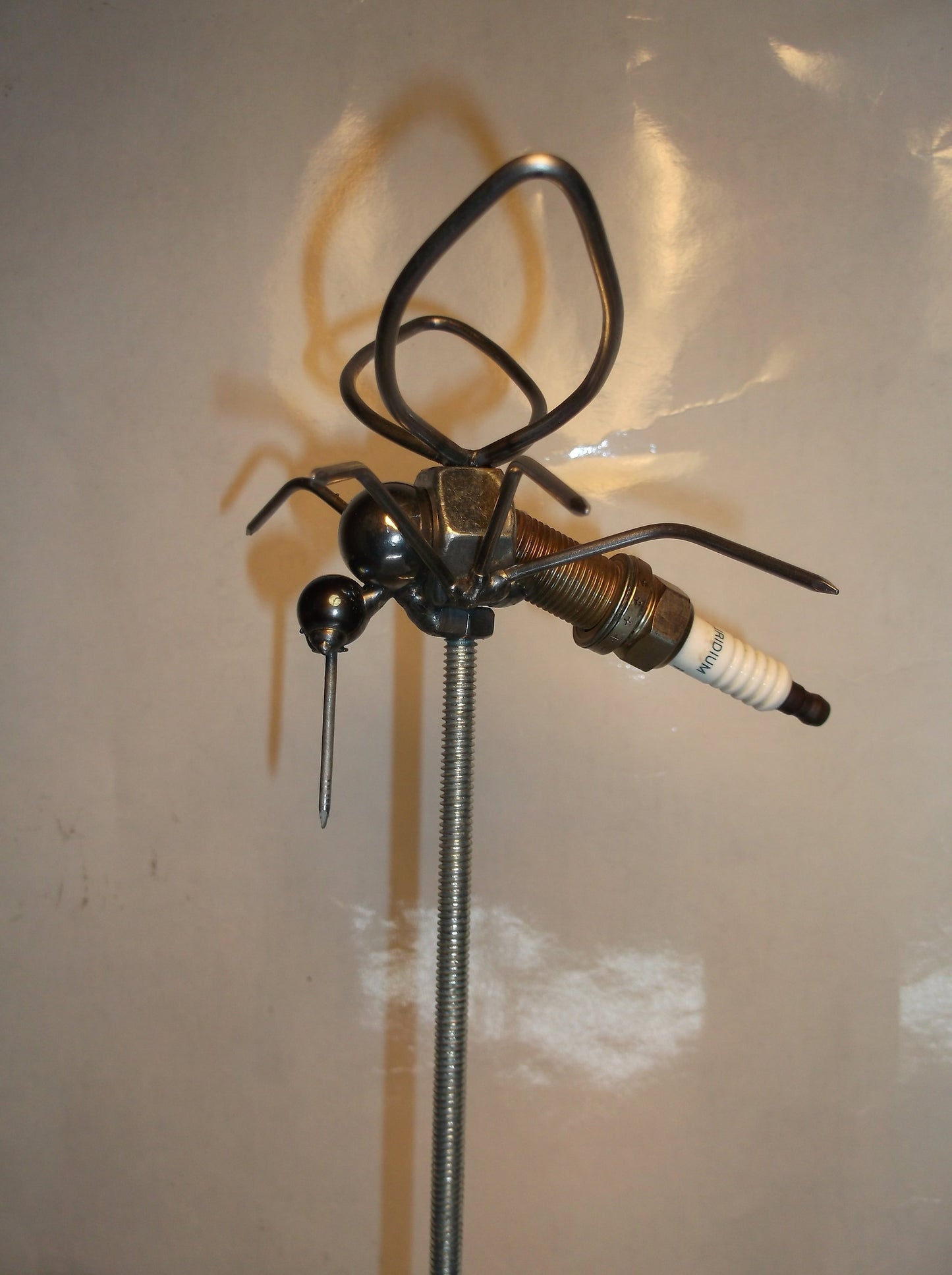 Mosquito Spark Plug Garden Stake, Metal Sculpture Insect, Up cycled yard Art