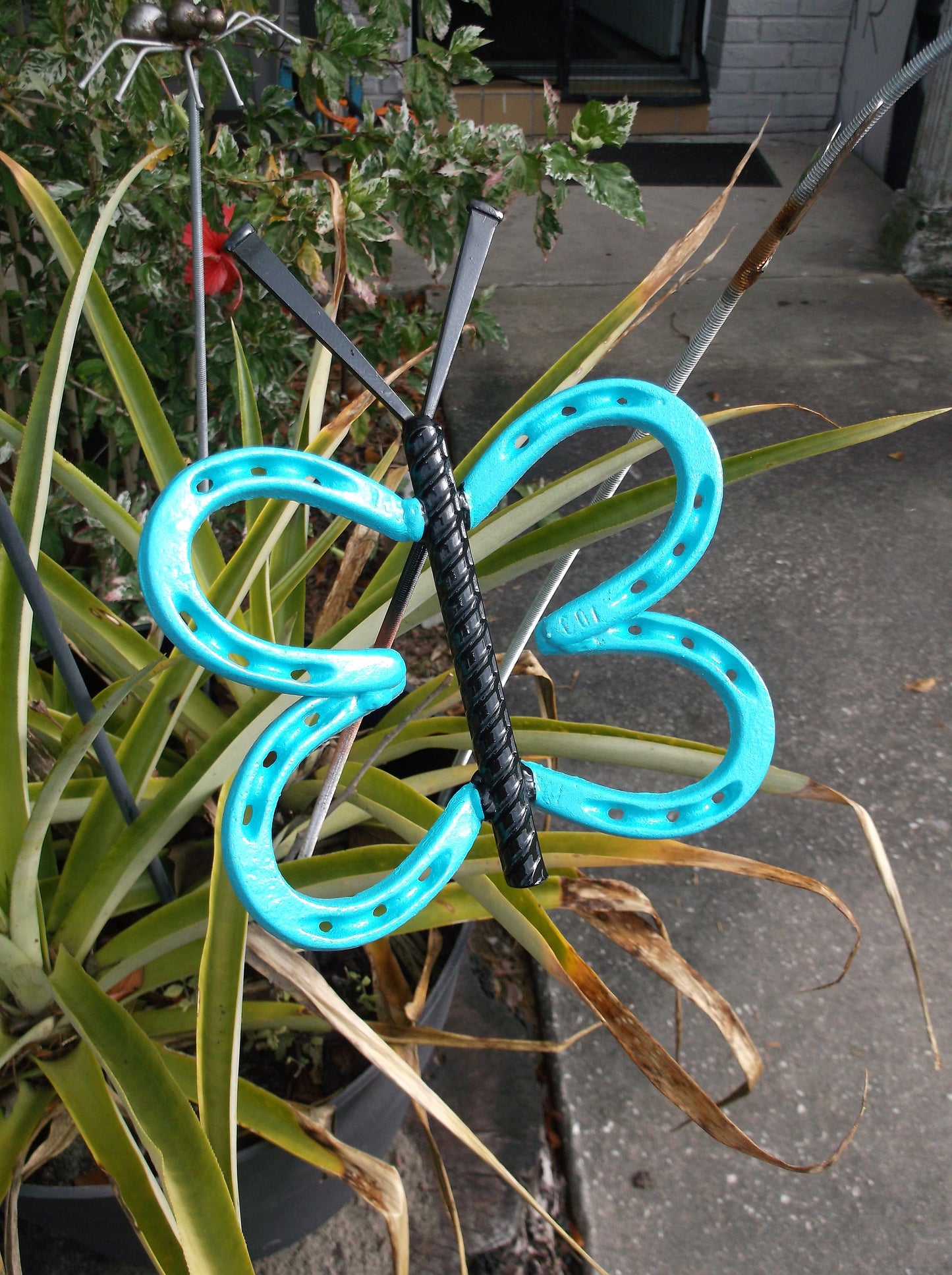 Teal Blue Horseshoe Butterfly Garden Art, Garden Stake, yard art