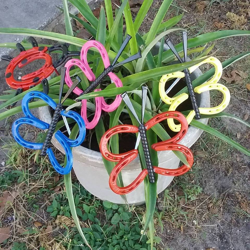 Teal Blue Horseshoe Butterfly Garden Art, Garden Stake, yard art