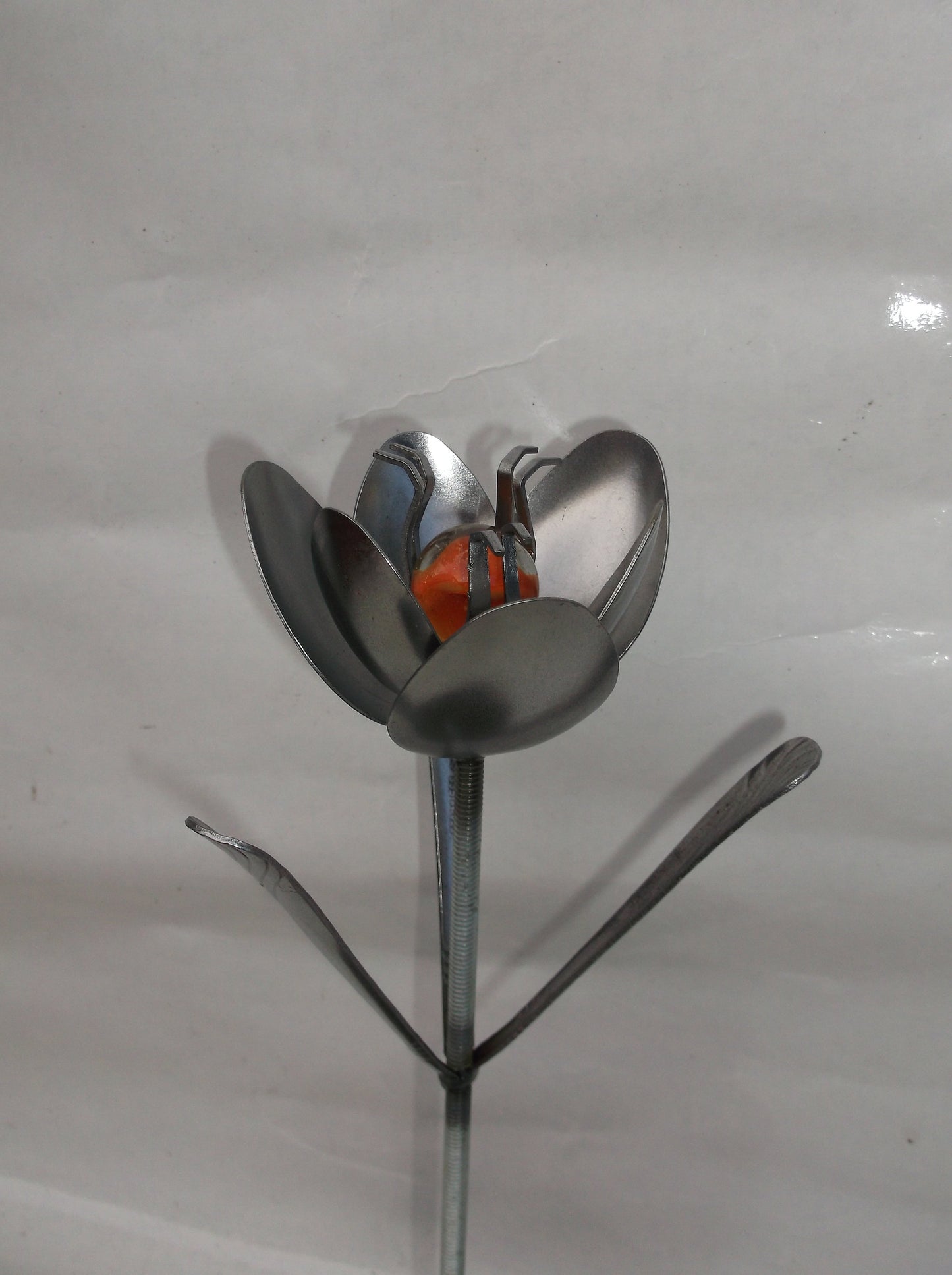 Orange Metal Tulip Spoon Flower, Recycled Silverware Flower