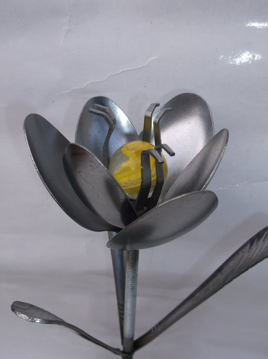 Yellow Metal Tulip, Spoon Flower, Recycled Silverware Flower