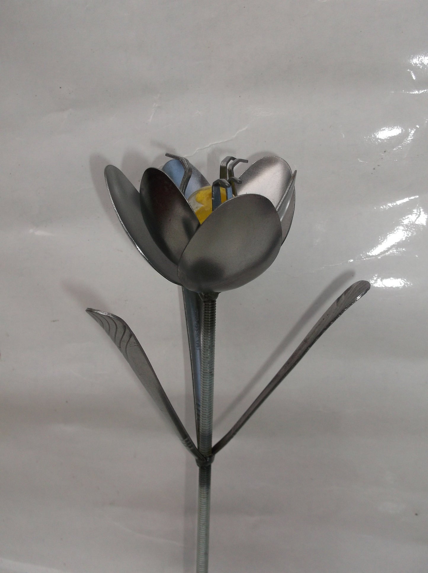Yellow Metal Tulip, Spoon Flower, Recycled Silverware Flower