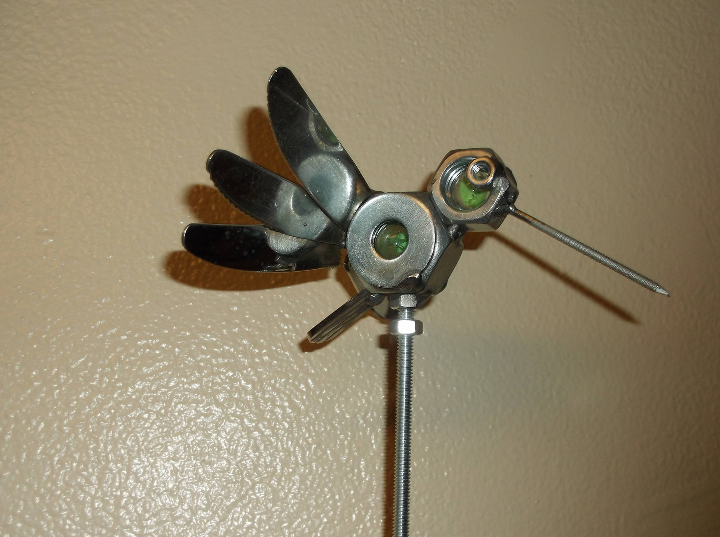 Green Humming Bird, Welded Metal Sculpture, Garden Stake Yard Art