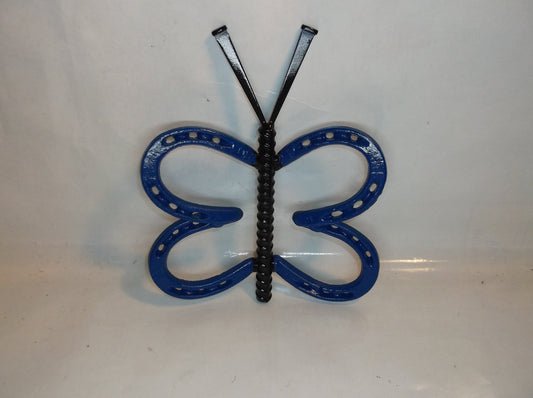 Blue Horseshoe Butterfly Garden Stake, Welded Metal Yard Art
