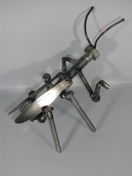 Praying Mantas, Metal Insect Sculpture, Upcycled Art