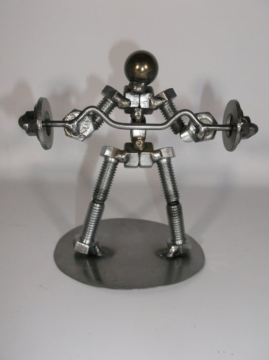 Preacher Curl Weight Lifter, Metal Bolt Figurine, Curl Bar, Up cycled Metal Art