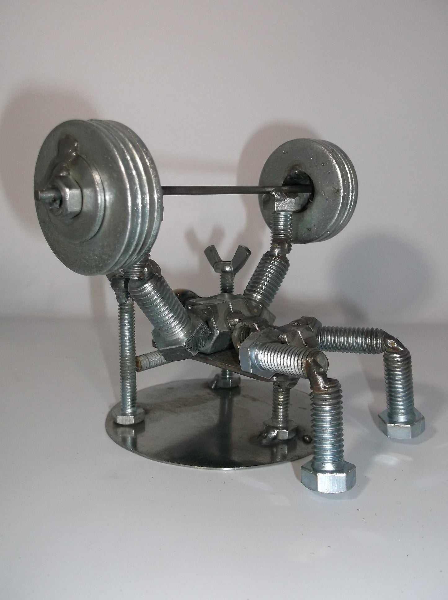 Bench Press 4 Plates Metal Bolt Weight Lifter Figurine, Power Lifter