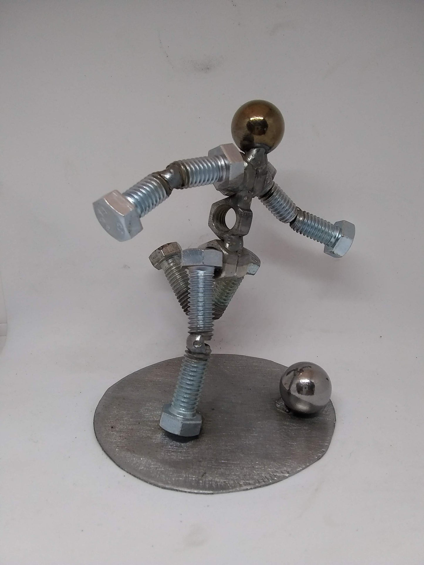 Soccer Player Metal Bolt Figurine, Kick shot athlete, Upcycled Metal Art