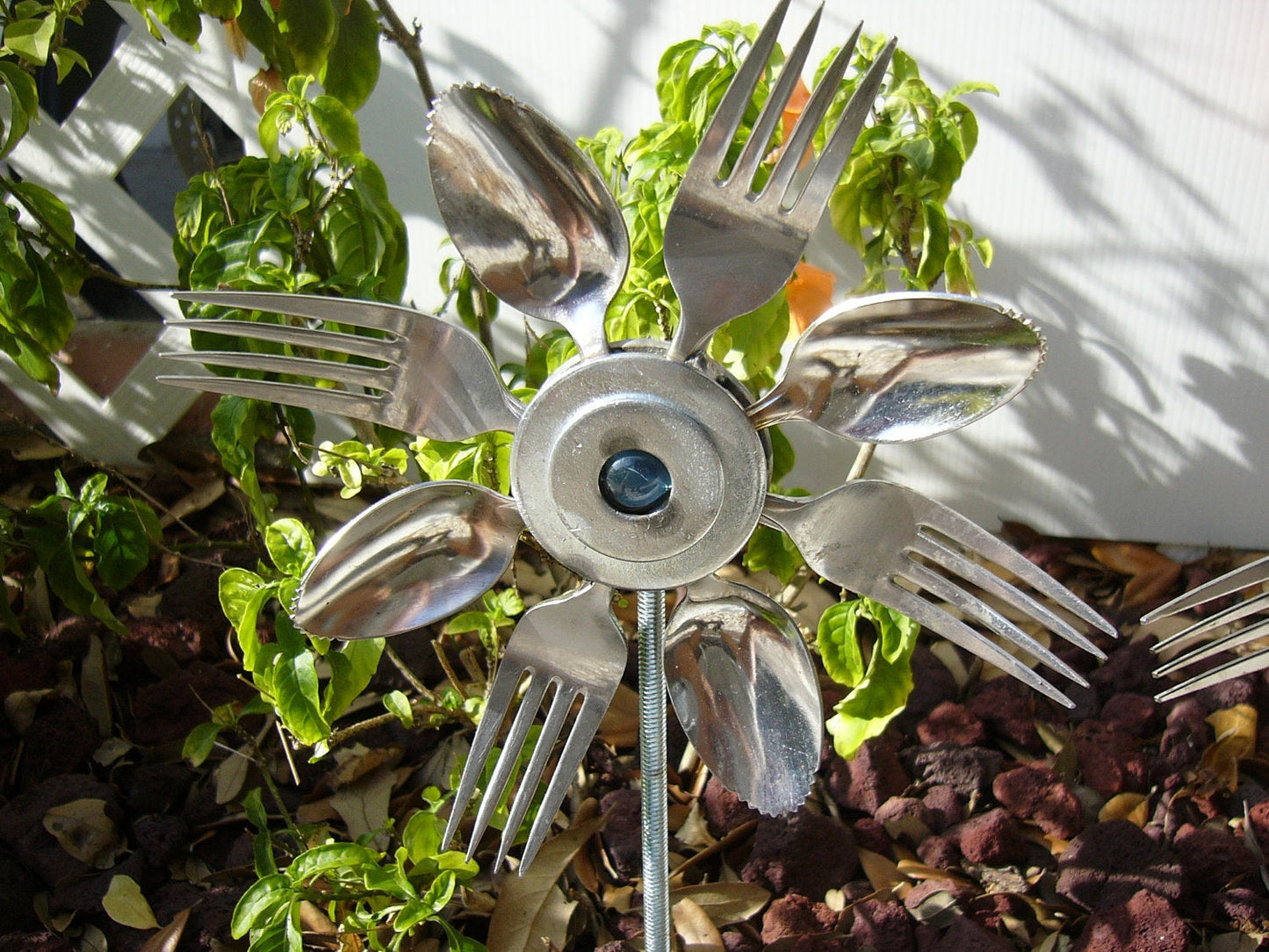 Green Spoon and Fork Sunflower, Garden Art, Garden Stake, Yard Art