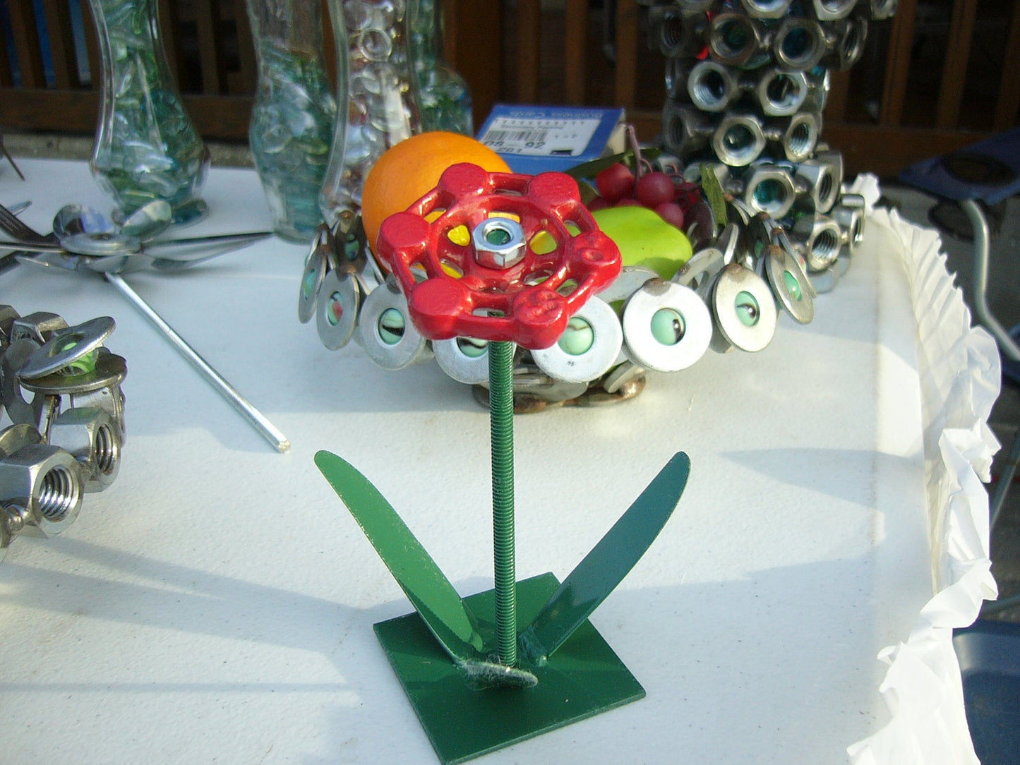 Red Metal Flowers, Sculptured Floral Decor, Faucet Flower
