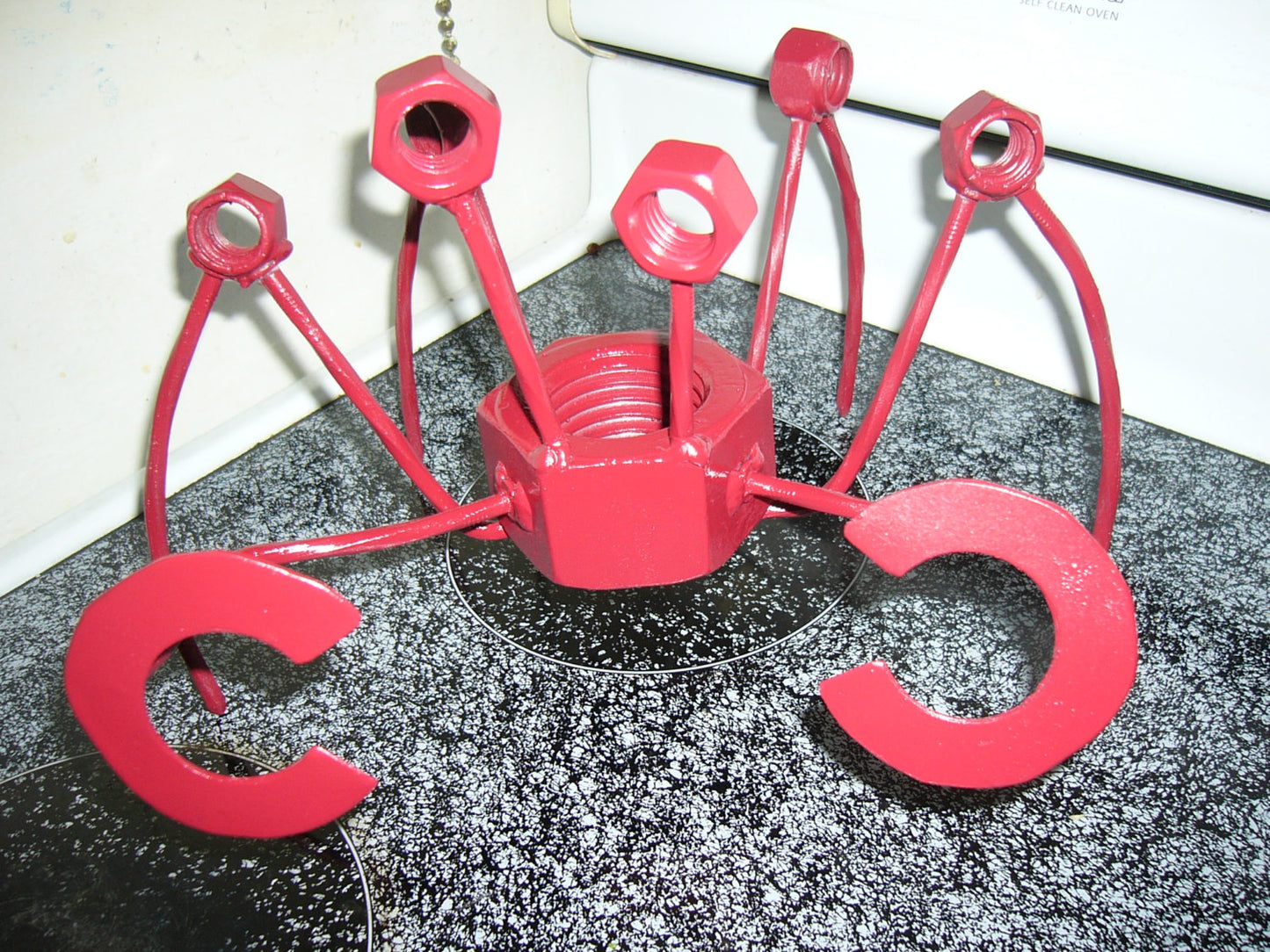 Red Metal Crab Sculpture, large up cycled welded art