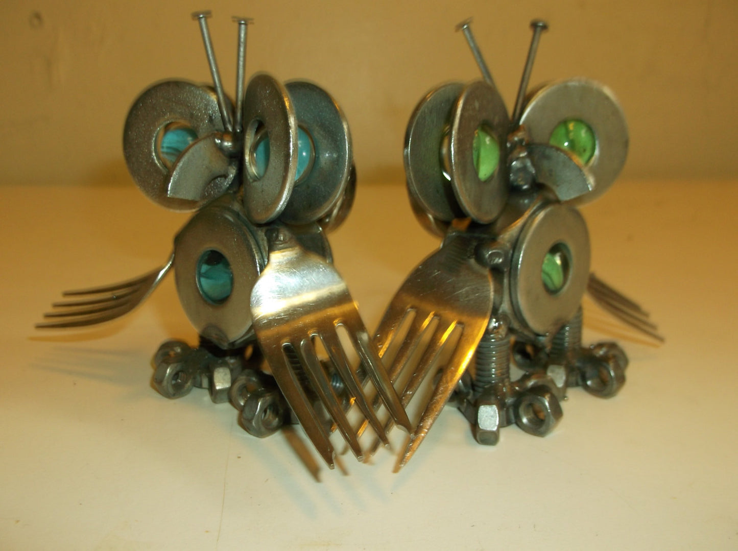 Blue Owl, Metal Sculpture up cycled magnet art